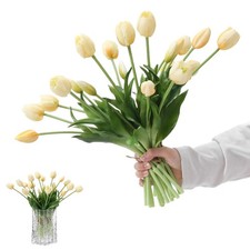 15PCS White Artificial Tulips, Real Touch Faux Latex, Fake Tulip Bouquet, Decor