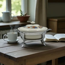 Vintage Art Deco Hall China Co. Casserole with Lid and Silver tone Tray