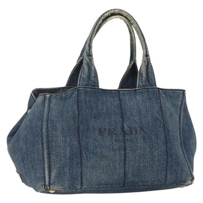PRADA Canapa MM Hand Bag Denim Blue Gold Auth 160527