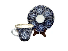 Russian Lomonosov Radiant Heath Birds Imperial Cobalt Blue Teacup & Saucer Set