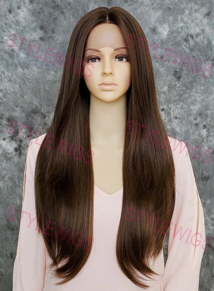 棕色/金发/奥本长直热 OK 蕾丝前人类头发混纺假发 EVEU — 第 2/4 张图片