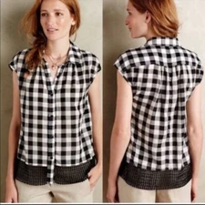 Anthropologie Holding Horses Nellie Gingham Plaid Button Front Shirt Laced Hem