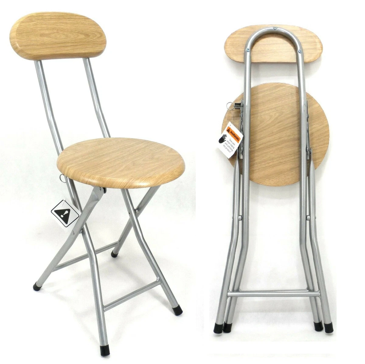 Round Folding Stool Beech Wood Effect High Bar Breakfast Chair Kitchen Back Rest