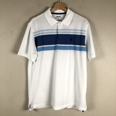 Izod Golf Shirt Men Medium White Striped Polo Embroidered Logo Collared Button