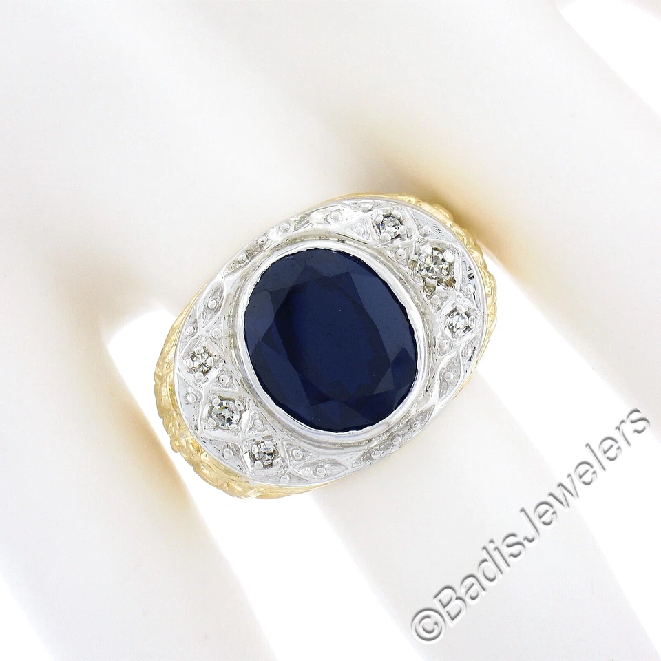 Vintage 18k TT Gold Oval Lab Created Sapphire & Diamond Repousse Work Band Ring - Image 3 of 4