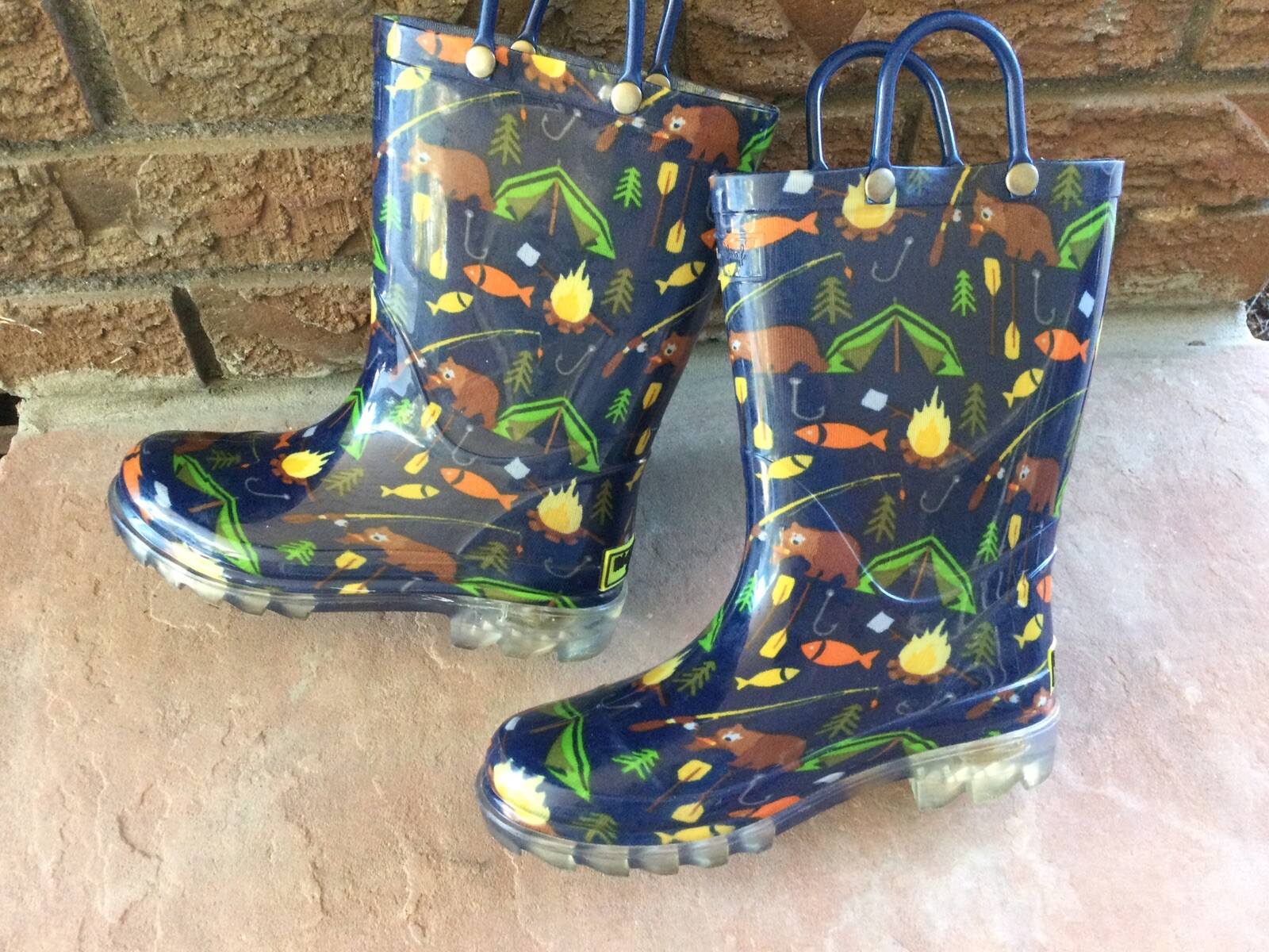Western Chief Kids Rain Boots/Light Up Heels/Camping Theme On Navy Blue/Size 12 image 2