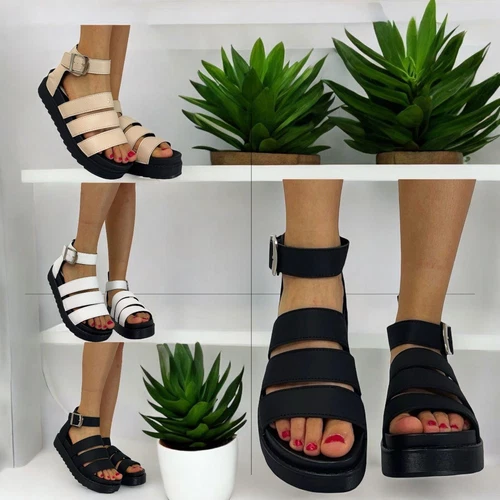 LADIES WOMENS FLATFORM GLADIATOR PLATFORM CHUNKY SOLE STRAPPY SUMMER SANDALS