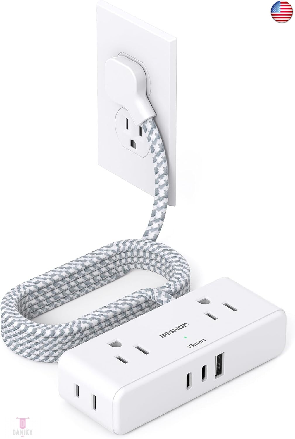 6ft Flat Extension Cord with 4 Outlets and 3 USB Ports, Flat Plug Power Strip-image