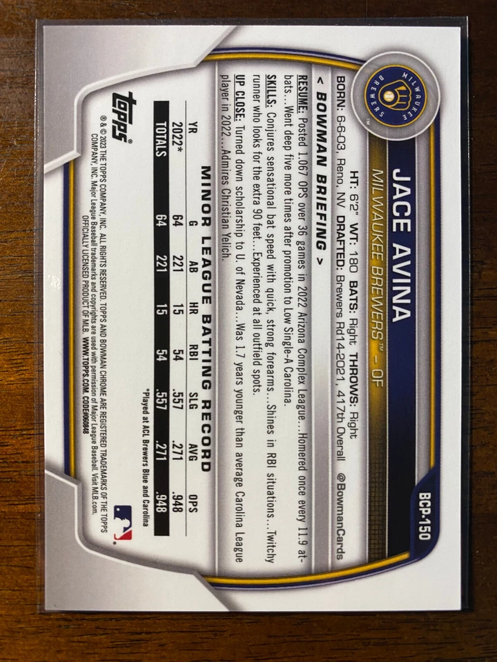 2023 Bowman Sapphire Jace Avina #BCP-150 1st Prospect Purple /25 Brewers - Image 2 of 2
