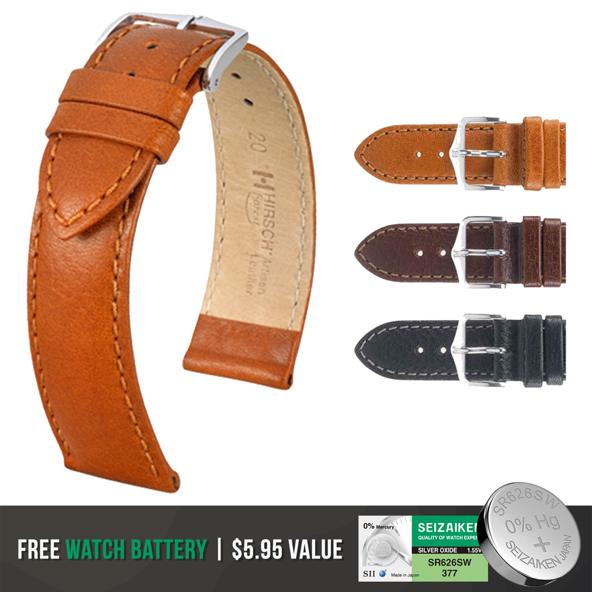HIRSCH Forest Textured Calf Leather Watch Strap + Bonus Battery | eBay