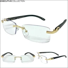Mens CLASSY SOPHISTICATED ELEGANT Clear Lens EYE GLASSES Rimless Gold Wood Frame