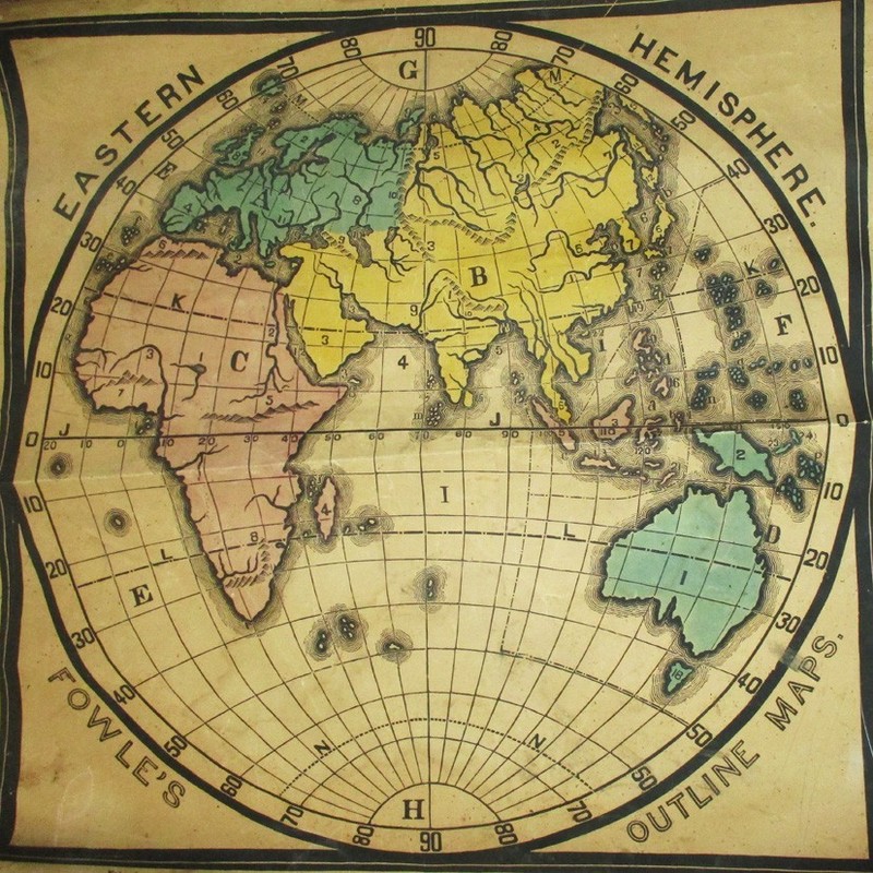1849 RARE FOWLE'S OUTLINE MAP EASTERN HEMISPHERE NO ANTARCTICA 1/3