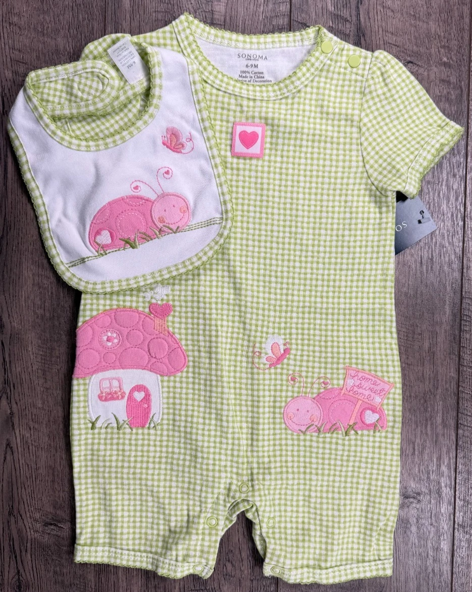 Baby Girl Clothes New Vintage Sonoma 6-9 Month 2pc Green Ladybug Romper + Bib