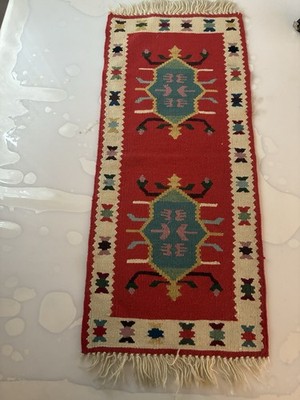 Vintage Traditioneller Türkischer Glorreiche Farbe Wolle Kelim Teppich Carpet 79x35cm