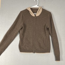 Women's Brown Knit Full Zip Hoodie Beige Hood Long Sleeve Casual Fall Winter