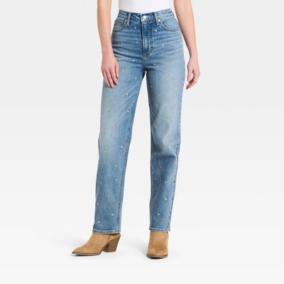 Women Valentine Day Highest-Rise Vintage Straight Embellished Jeans