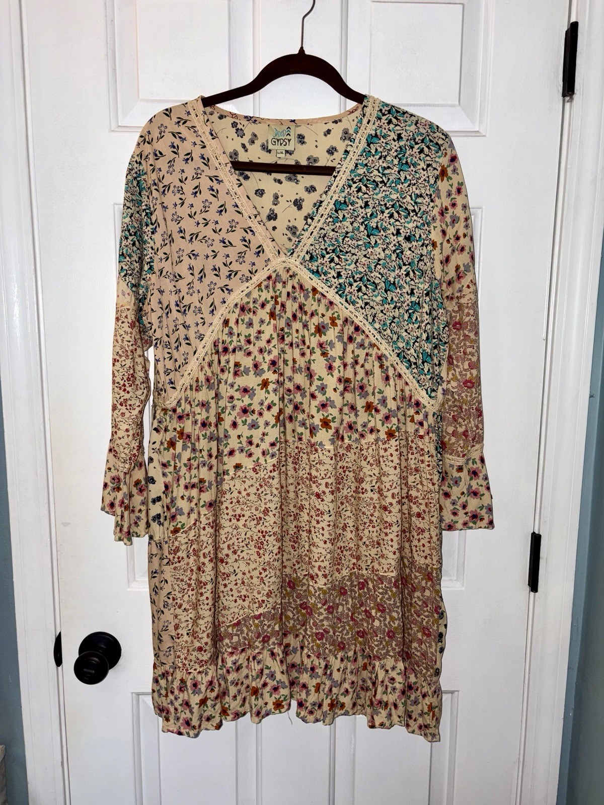 Jaded Gypsy Women’s Size L/XL Floral Patchwork Babydoll Tunic Dress Boho