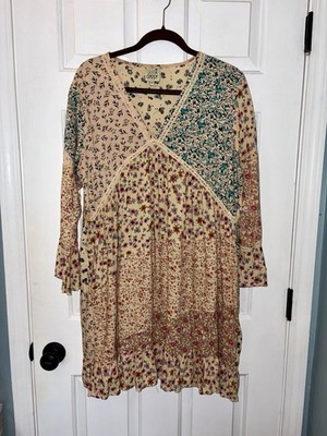Jaded Gypsy Women s Size L/XL Floral Patchwork Babydoll Tunic Dress Boho