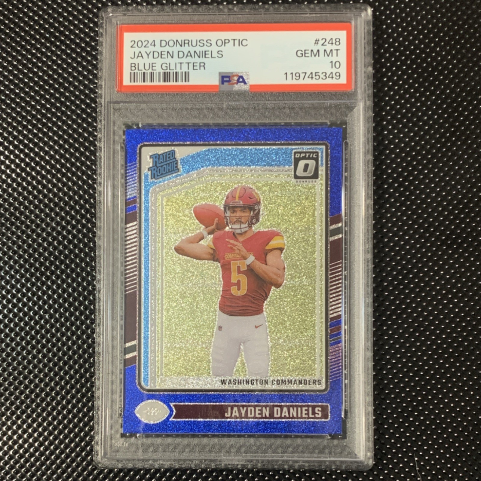 Panini 2024 Donruss Optic Jayden Daniels #248 Blue Glitter Prizm PSA 10 Rated R…