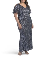 Alex Evenings Women's charcoal Sequin Lace Shoulder Trumpet Gown Dress Size 14P