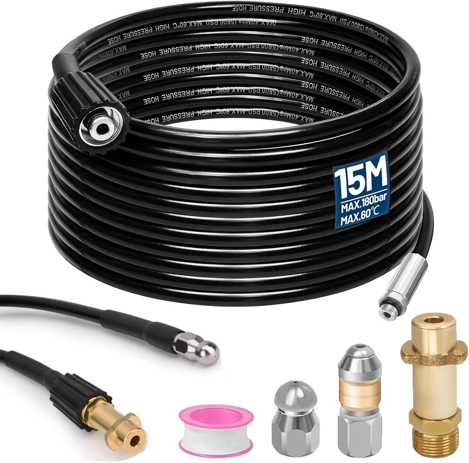 Tubo Sturatubi Idropulitrice 15m | Kit Sblocco Rapido 180 Bar e 60°C