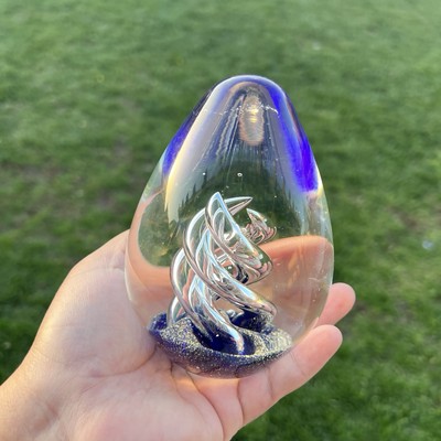 Egg Shaped Clear Glass Paperweight w Blue Gold Fleck & Clear Swirl Twist 4.5''