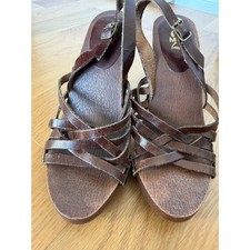 MIA Y2K Brown Leather Wooden Heel Slide Sandals Women's Size 7 Vintage 90s