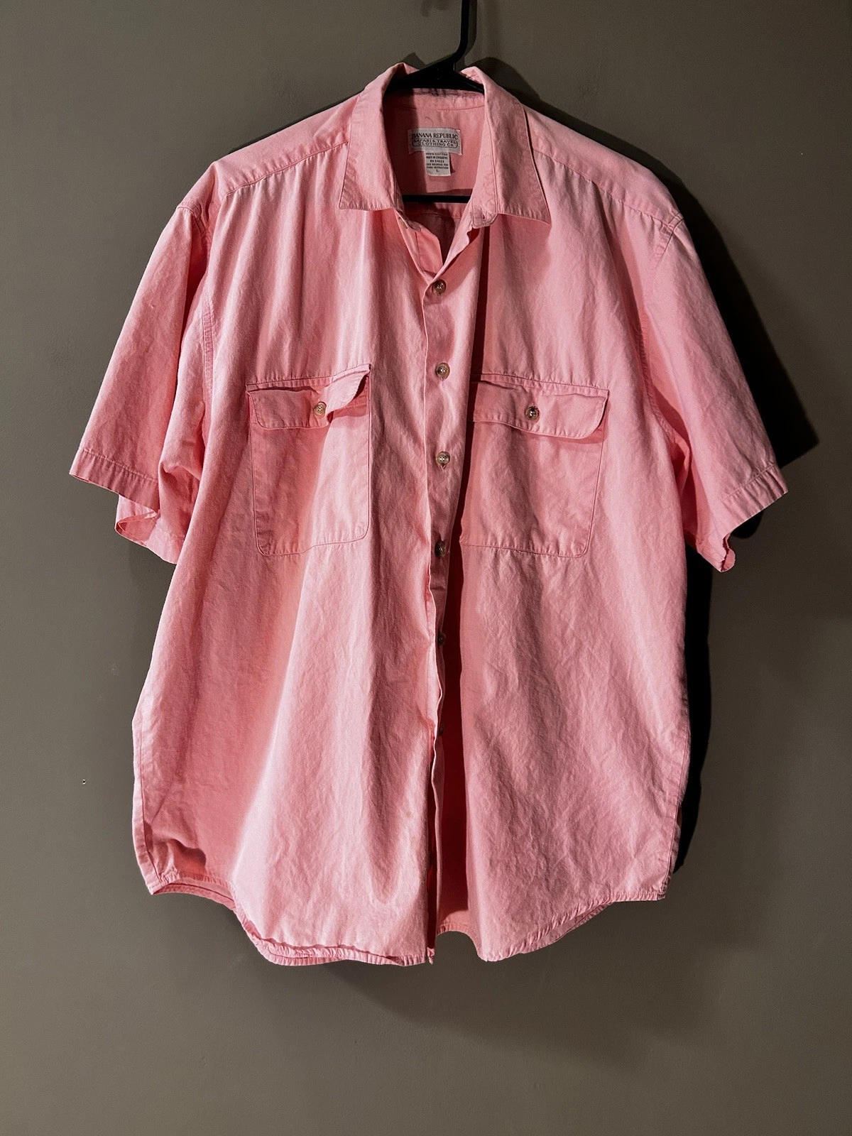 Vtg 80s Banana Republic Safari Travel Short Sleeve Mens Large Pink Utility Shirt