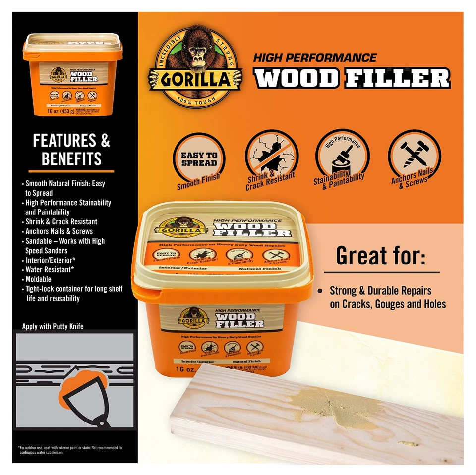 Gorilla Wood Filler 4 Pack Tough Durable Water Resistant Putty Natural Finish - Image 2 of 4