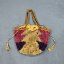 Zara Tote Bag Tan Yellow Pink Purple Woven Jute Basket Style Handle Boho Beach