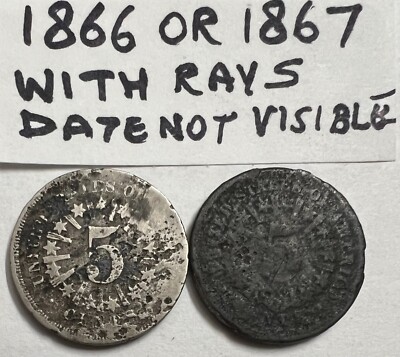 2 SHIELD NICKELS WITH RAYS FROM 1866 OR 1867 (DATE NOT VISIBLE), DARK, CULL #3