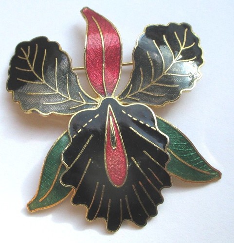 Grande broche orchidée couleur or émail cloisonné bleu bijou Grande broche orchidée couleur or émail cloisonné bleu bijou