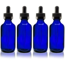 4 -- 2oz Blue Glass Bottles with Glass Eye Dropper Dispenser for Essential Oils