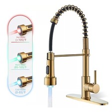 Gold LED Kitchen Faucet Single Handle with Pull Down Sprayer Commercial Sink Tap