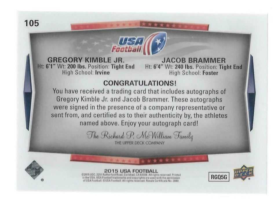 2015 Upper Deck USA Football Auto #105 Jacob Brammer Gregory Kimble Jr. - Image 2 of 2