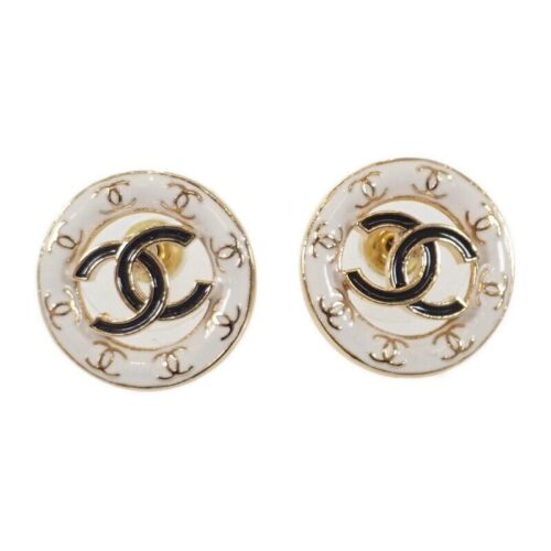 CHANEL Circle Coco Mark Earrings GP White Black B24P Engraved Women's TGIS