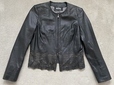 Riani Black Short Leather Jacket With Floral Laser-cut Lace-like Hem Line - Uk10