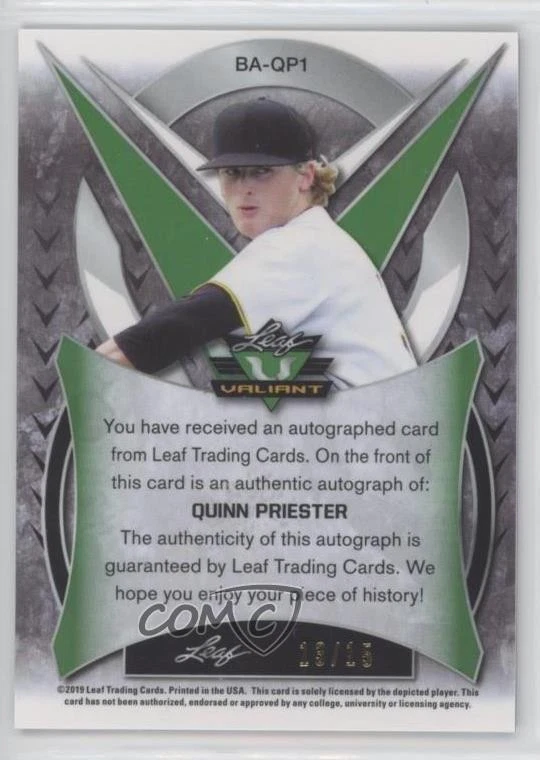 2019 Leaf Valiant Purple Prismatic /15 Quinn Priester #BA-QP1 Auto - Image 2 of 2