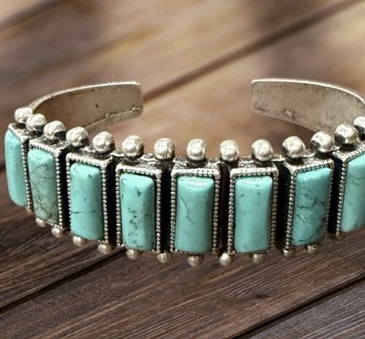 Turquoise Cuff Bracelet Rectangular Stones Beaded Native American Style