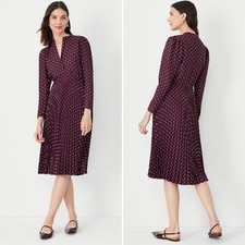 Ann Taylor Pleated Midi Dress 12 Plum Purple Geometric Print Long Sleeve 826899