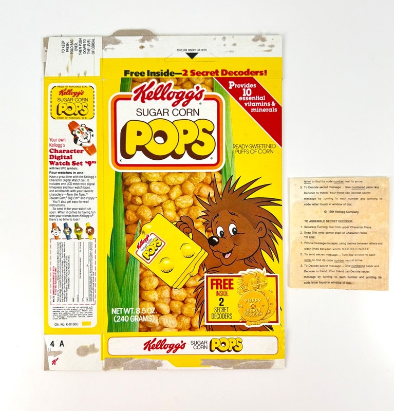Vintage 1984 Kellogg's Sugar Corn Pops Cereal Box Poppy Secret Decoders Premium
