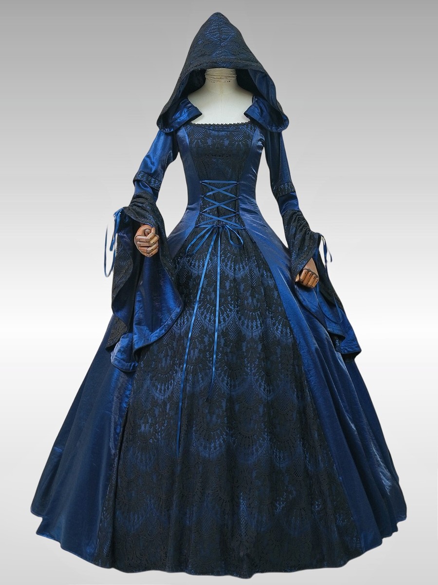 Navy Blue Medieval Renaissance Lady Queen Princess Hooded Dress Fantasy Game of Thrones Theater Costume (Size: XXL)