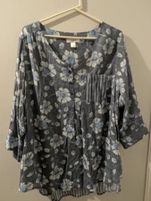 CJ Banks Women's 2X Long Sleeve Button Up 3/4 Sleeve Blouse Coastal Grandmother 