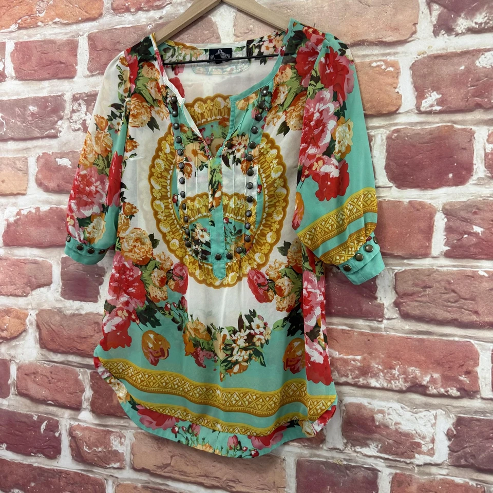 Camisa Angie Vintage Para Mujer Grande Multicolor Boho Floral Tachonada Transparente Túnica Top Foto 3 de 4