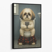 Shih Tzu Maltese On The Phone On The Toilet Funny Dog Canvas Wall Art Print