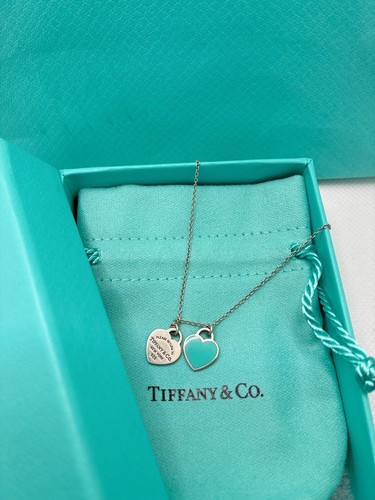 Tiffany &co. Near MINT Blue Double Heart Necklace Sterling Silver 925 Gift set - Picture 4 of 12