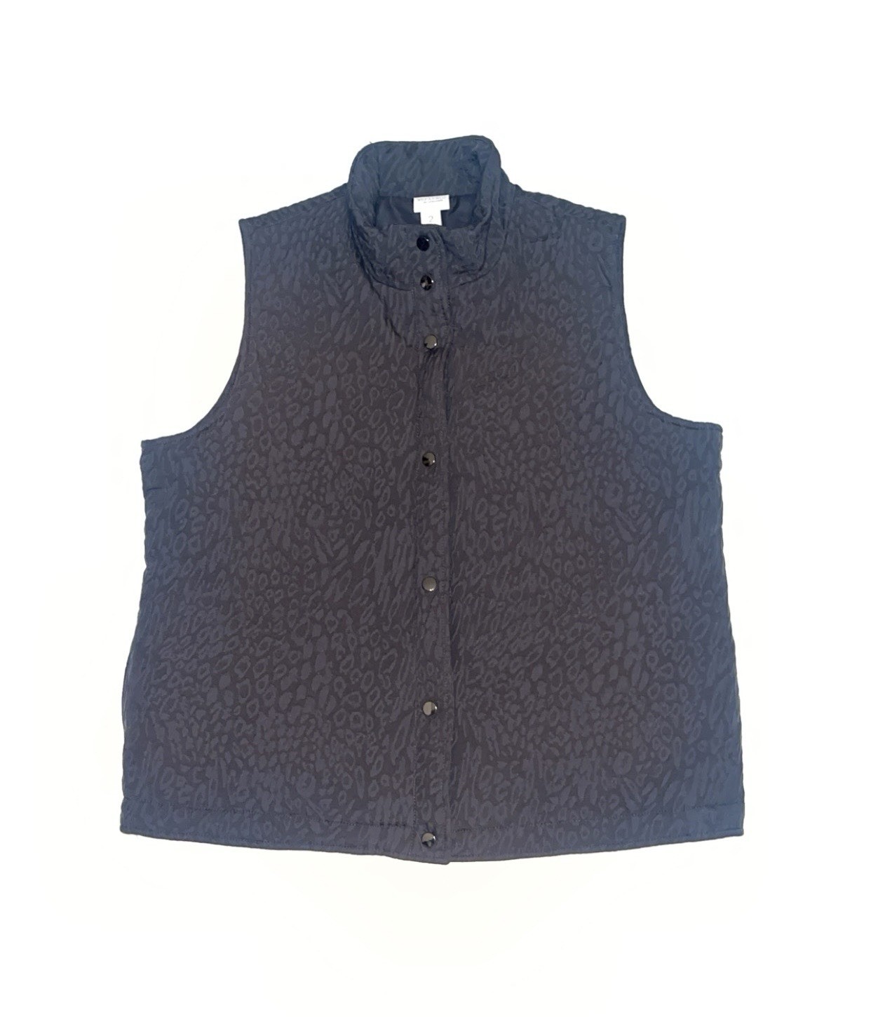 Women’s Weekends By Chicos Vest Size 2 Gray Leopard Print Puffer Buttons Fall