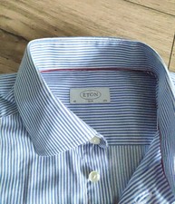 Eton Slim Mens Cotton Striped Blue White Long Sleeve Dress Shirt Size 40 15 3/4