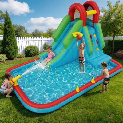 Kids Inflatable Water Slides Bounce House Splash Pool with Jumping Castle Blower