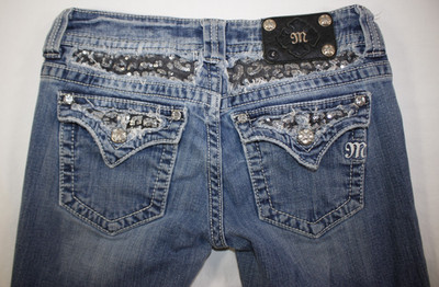 Miss Me Jeans Women's 28x32 Boot Cut Stretch Distressed Embellished Flap Pocket
